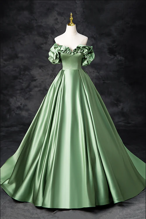 Green Satin Long A-line Party Dress, Off The Shoulder Formal Evening Dress