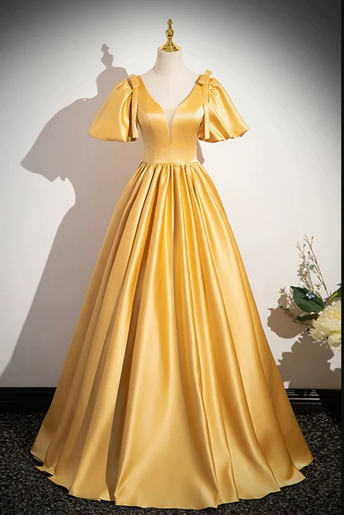 Yellow V-neck Satin Long Prom Dress, Yellow A-line Short Sleeve Evening Dress