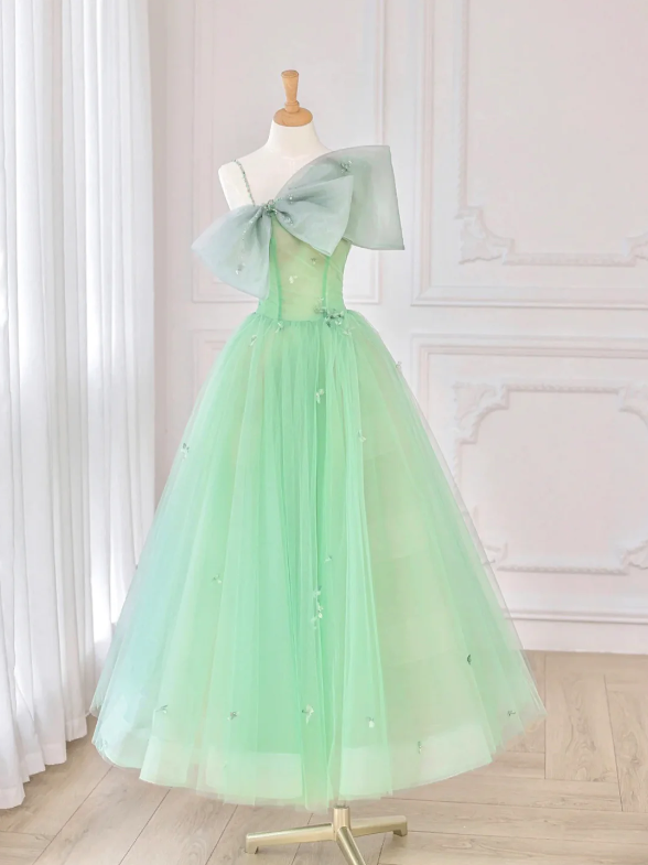Green Tulle Short Prom Dress, A-line Evening Dress With Bow