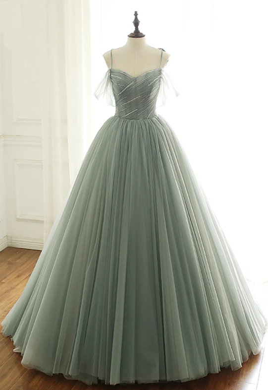 Green Tulle Long Prom Dresses, A-line Spaghetti Straps Evening Dresses