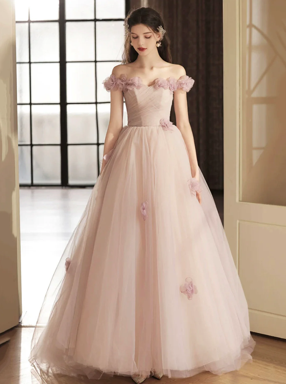 Beautiful Tulle Long Prom Dress With Flowers, A-line Off The Shoulder Evening Party Dress