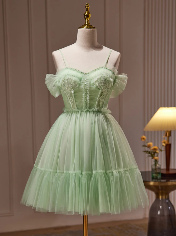 Green Tulle Lace Short Prom Dress, Cute Homecoming Dress, Green Party Dress
