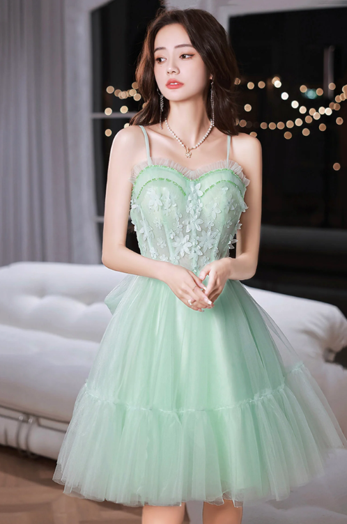 Green Tulle Lace Short Prom Dress, A-line Evening Party Dress