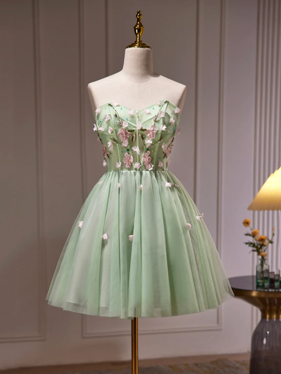 Green Tulle Beaded Party Dress, Green Short Prom Dress With Flowers