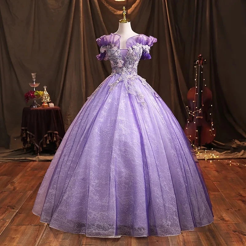Luxurious Lavender Lace Ball Gown Dress