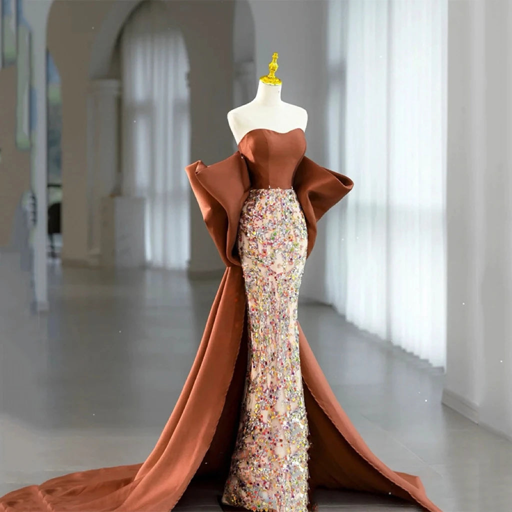 Caramel Celebrity Dresses Woman Detachable Sleeve Mermaid Sequins Bow  Chapel Train Formal Occasion S on Luulla