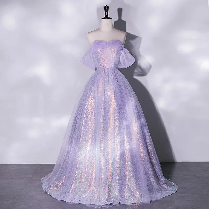 lilac formal dresses with sleeves WEDTREND Women Lilac Formal Dress with Slit Tulle A-Line Long Sleeves Party  Dress main image 0