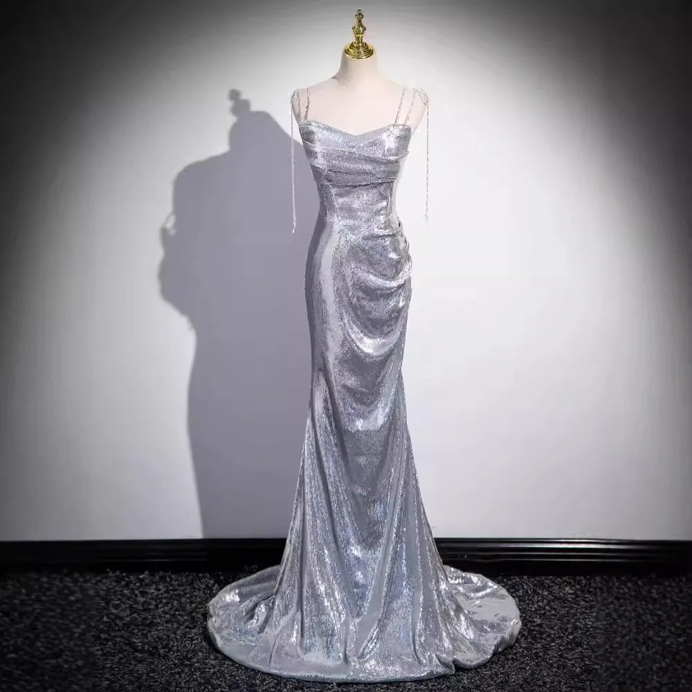 Luxury Sequin Sling Evening Dress Women Shiny Silvery Sexy Slim Banquet  Mermaid Dresses Exquisit on Luulla
