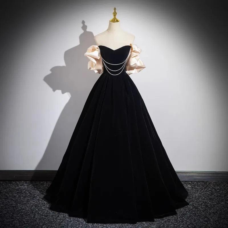 Off-shoulder Black Gown With Pearl Accents on Luulla