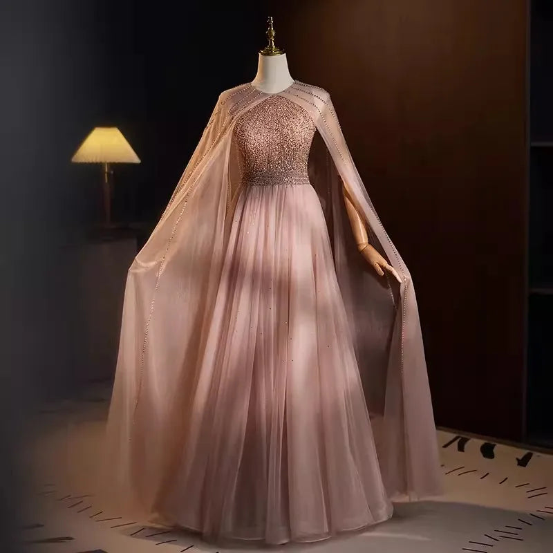 saudi evening dresses Luxury Nude Pink Square Collar Evening Dresses with Cape Sleeves SS497 –  Sharon Said main image 1