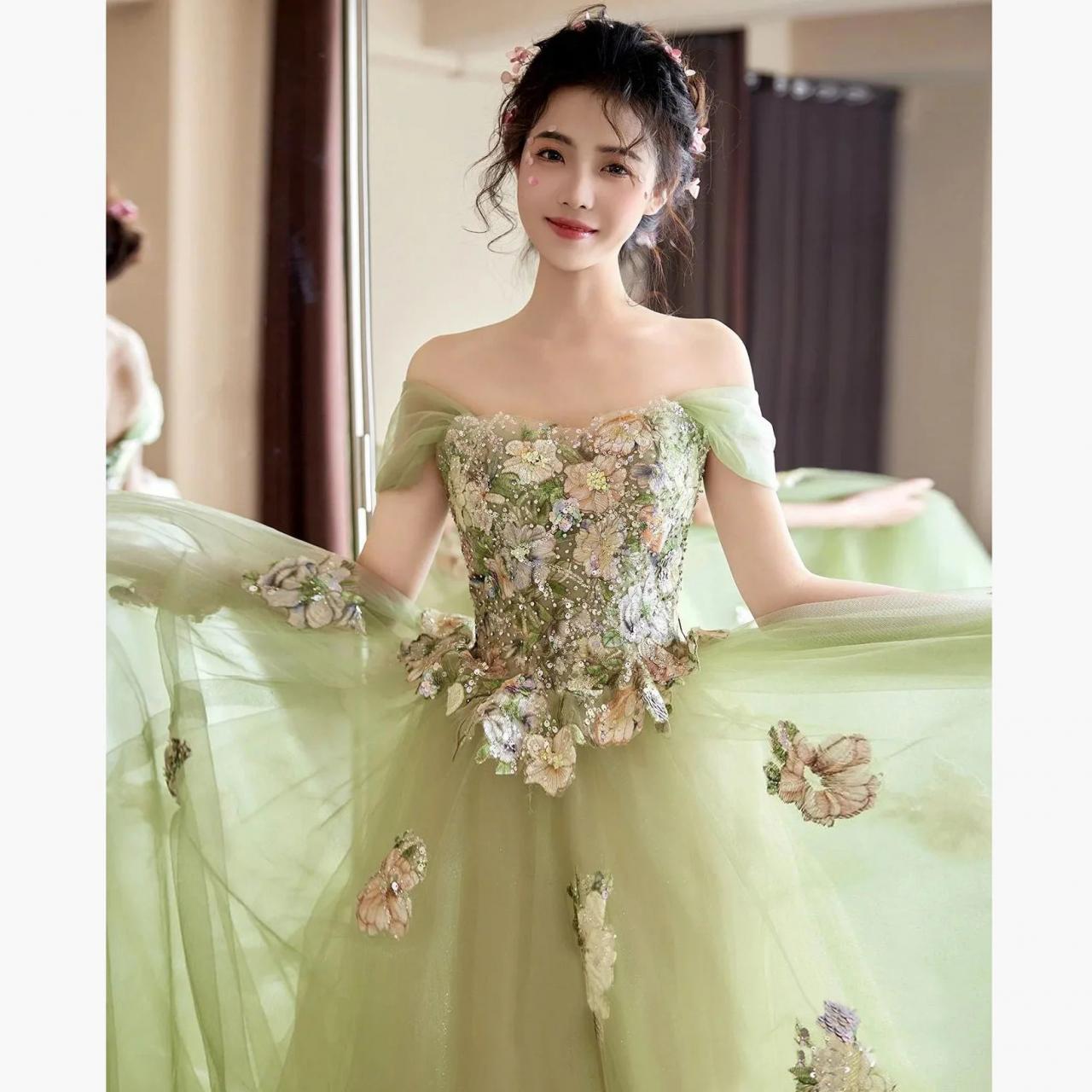 green and gold floral dress Emerald Green Prom Dress with 3-D Flowers main image 0