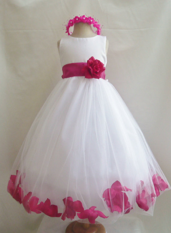 Flower Girl Dresses - WHITE with Fuchsia Rose Petal Dress (FD0PT) - Wedding Easter Bridesmaid - For Baby Children Toddler Teen Girls
