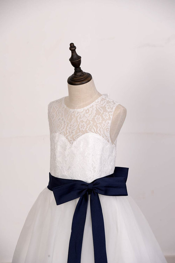Ivory Lace Tulle Flower Girl Dress With Navy Sash and Bow