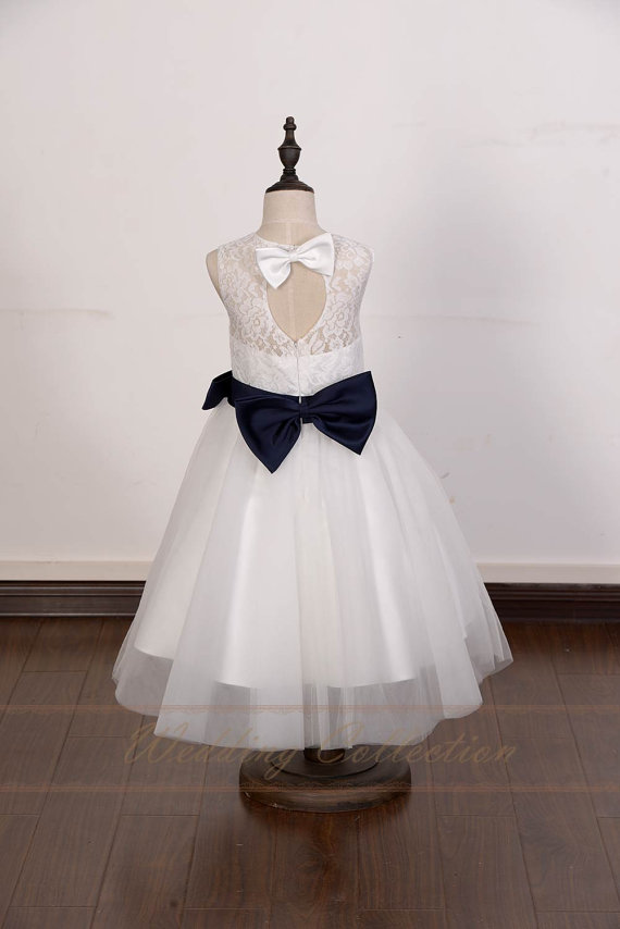 Ivory Lace Tulle Flower Girl Dress With Navy Sash And Bow on Luulla