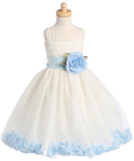  Blossom Ivory Sleeveless Tulle Dress w_ Detachable Sash, Flower Ivory Lace Tulle Flower Girl Dress With Navy Sash and Bow