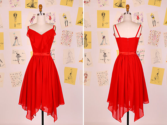 Simple Red Spaghetti Straps Chiffon Short Prom Dress/simple Bridesmaid Dress/hi Low Flowy Prom Dress/short Red Prom Dress Daf0076