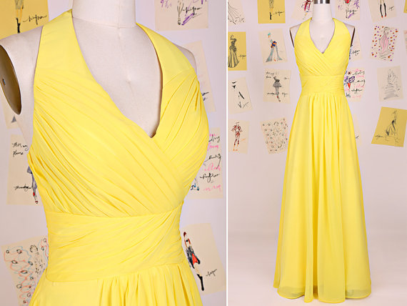 Simple Yellow V Neck Long Chiffon Bridesmaid Dress/yellow Long Prom Dress/wedding Party Dress/halter Bridesmaid Dress Daf0088