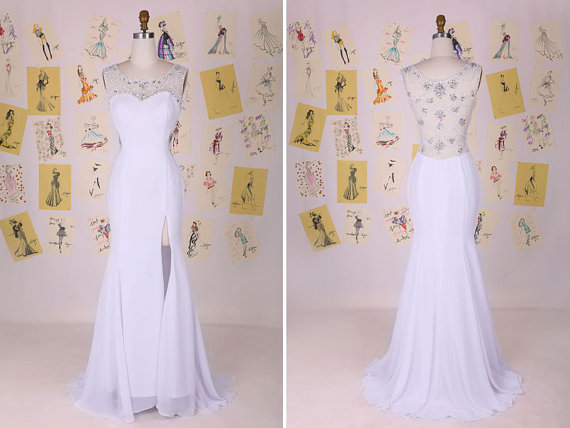 White Beading Split Front See Through Back Mermaid Prom Dress/white Mermaid Evening Dress/party Dress/white Prom Dress Daf0091