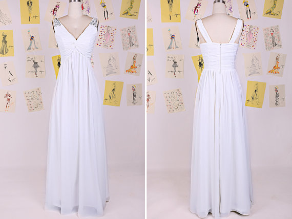 Simple White V Neck Beading Long Chiffon Prom Dress/white Prom Dress/simple Prom Dresses/inexpensive Prom Dress 2015 Daf0093