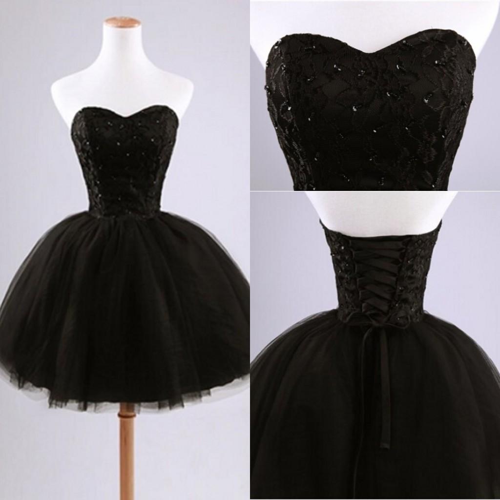 Black Puffy Real Image Short Cute 2015 Prom Dresses Sweetheart Neck Backless Applique Tulle Sleeveless Elegant Prom Dresses Gowns Party