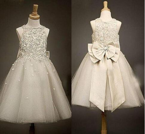 2015 Bridesmaid Of Flower Girls Dresses Little Girl Formal Gown With Dark Ivory A-line Lace Jewel Bow Appliques Sequins Tea-length Tulle