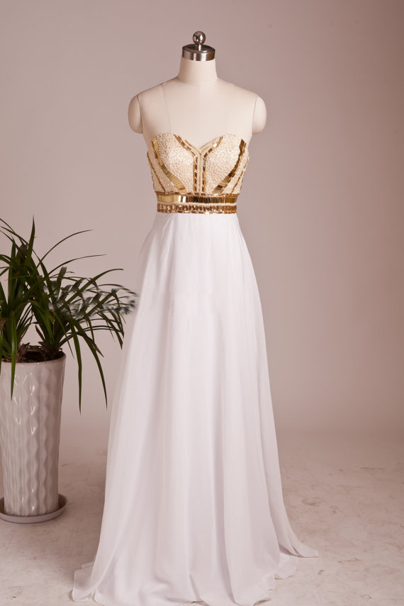 2015 Prom Dress White The Beaded Backless Party Formal Prom Dresses And Gold Sequins Coat Dresses