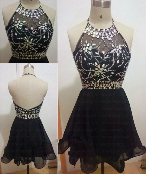 Black Beaings Chiffon Short Prom Dresses, Beadings Prom Dresses, Black Prom Dresses, Homecoming Dresses, Graduation Dresses