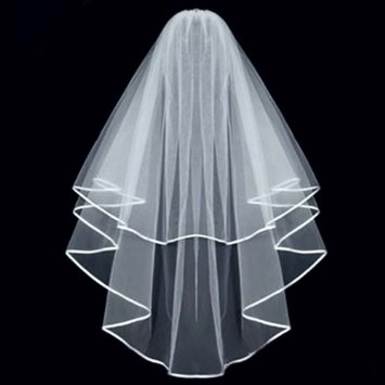 White Double ribbon Edge Center Cascade Bridal Wedding Veil with Comb