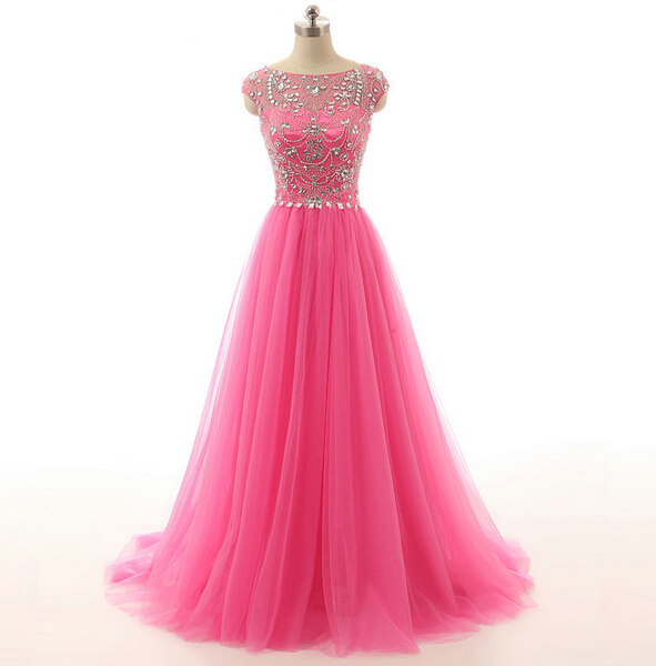 Cap Sleeves Long Tulle Prom Dresses Crystals Beaded Party Dresses Floor Length