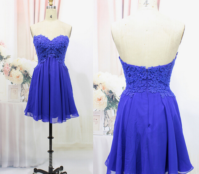 Lovely Short Handmade Blue Prom Dress With Lace Applique, Short Prom Dresses, Blue Prom Dresses