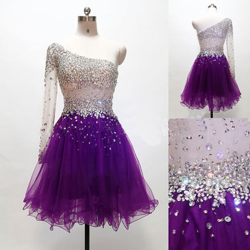 Sparkle Handmade Purple One Shoulder Beadings Short Prom Dresses, Prom Dresses 2016, Prom Gowns