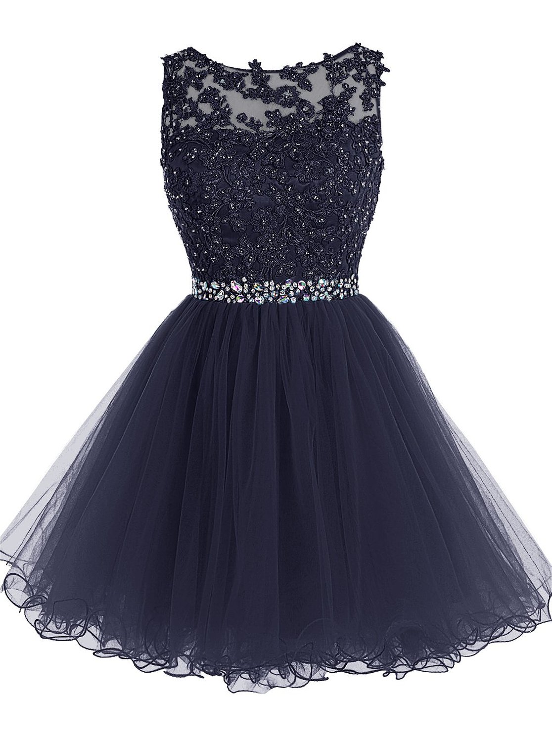 Short Beaded Prom Dress Tulle Applique Evening Dress Navy, Short Homecoming Dresses, Party Dresses, Navy Prom Dress