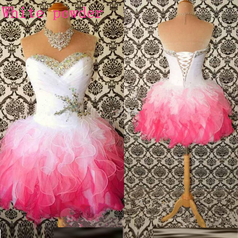 2016 Sexy Beaded Women Prom Dresses Organza Sweetheart Short Mini Prom Dress Ruffles A Line Party Dresses Size