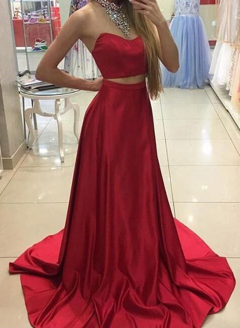 satin 2 piece prom dress