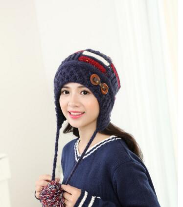 Winter new double - ball cap warm hat 2016 Korean thickening double - breasted women 's wool knit hat