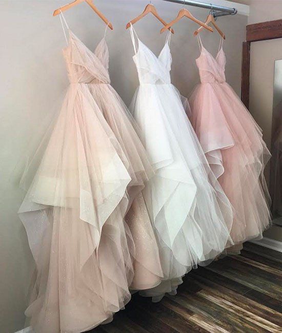 A Line Tulle Evening Prom Dresses, Custom Long Party Prom Dresses, Simple Prom Dresses, 2017 Prom Dresses,
