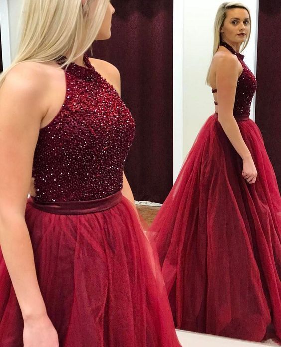 Red Beaded Halter Prom Dress