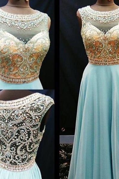 Long A-line Scoop Crystal Detailing Chiffon Blue Prom Dresses