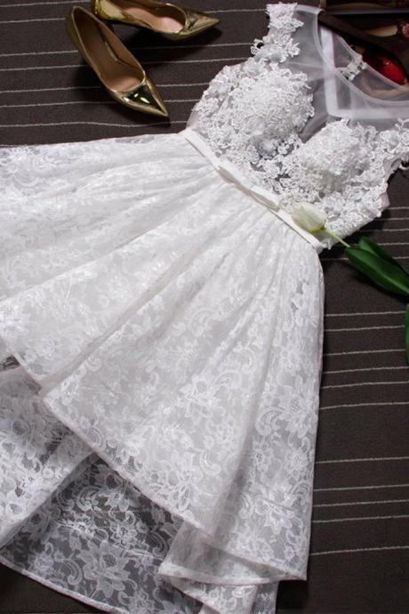 White Lace Round Neck See-through A-line Short Dresses,princess Prom Dresses