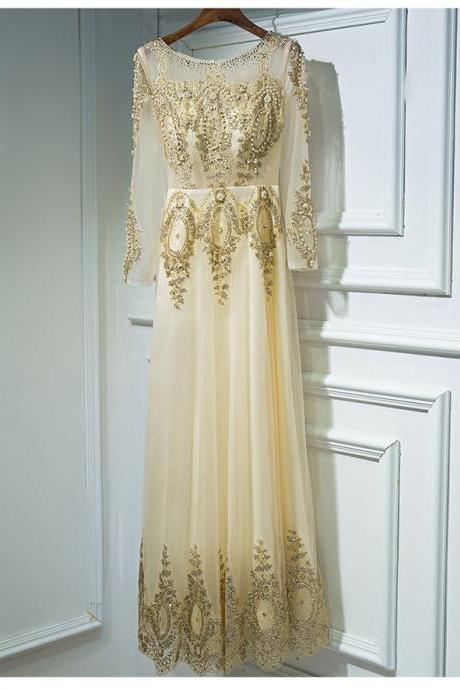 A-line Long Wedding Dress Lace Prom Dress Beautiful Tullebeading Champagne Party Dress