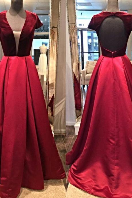 Elegant Scoop Short Sleeves Open Back Sweep Train Burgundy Prom Dress