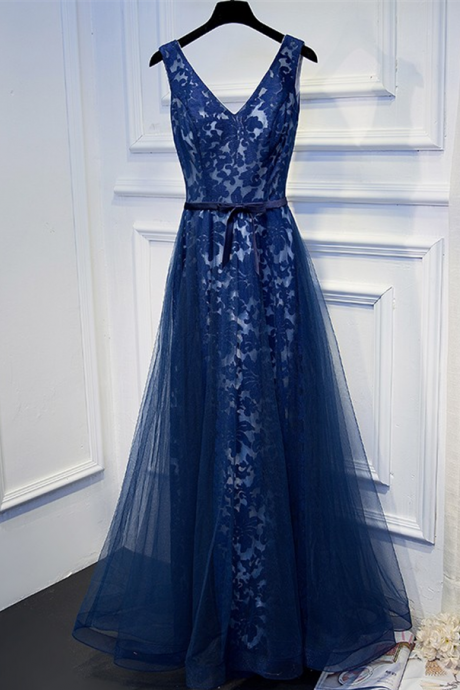 Royal Blue Elegant Party Dress Evening Lace Prom Dresses ,satin Prom Dresses.v-neck Lace