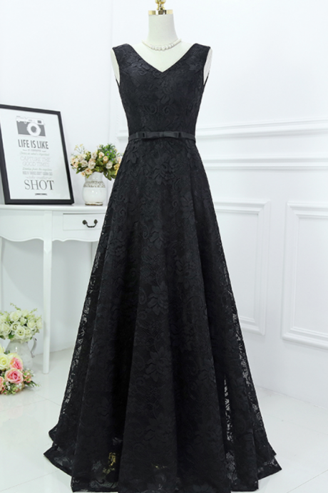 Black Lace Evening Formal Dress V Neck Sash A Line Party Prom Gowns ,long Prom Dresses.charming Prom Dresses