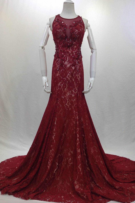 Fashionable Beading Red Evening Dresses, Real Photos, Long Elegant Sexy Party Prom Dress,lace Chapel Train Prom Dresses,