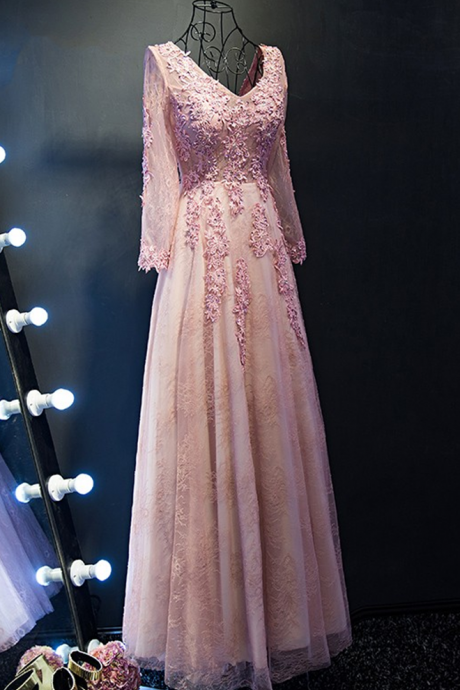 Blush Pink Elegant Party Dress Evening Dresses,luxury Beading Appliques Long Sleeves Gown,long Prom Dresses.