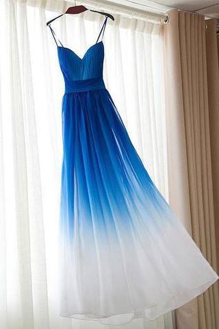 Blue Gradient A-line Chiffon Strap Special High Quality Long Floor-length Prom Dresses Gown, Formal Prom Gown