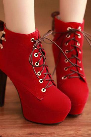 Red Suede High Heels Lace Up Ankle Boots