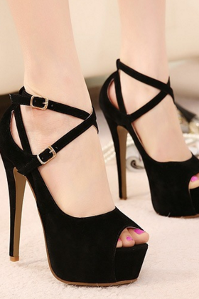 Fashion Peep Toe Ankle Straps Crossed Stiletto Black Sandals