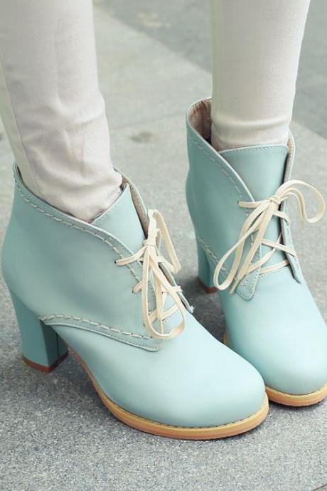 Adorable Pastel Lace up Chunky Heel Boots