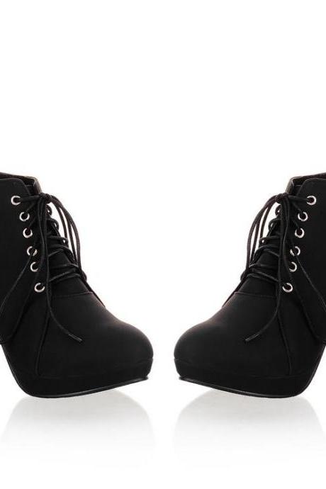Round Toe Stiletto High Heel Lace Up Ankle Black Boots